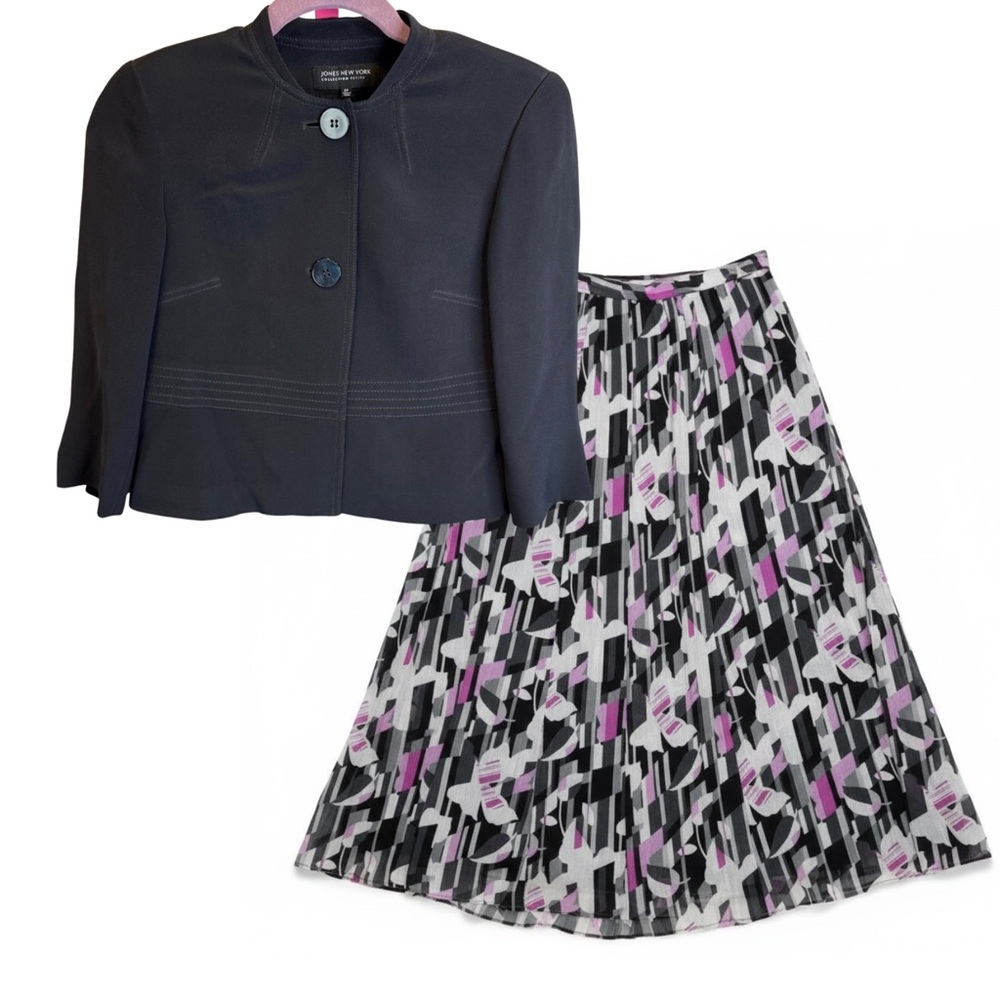 Jones New York Petite Silk Blazer & Pleated Skirt Set – Size 2P / 4P